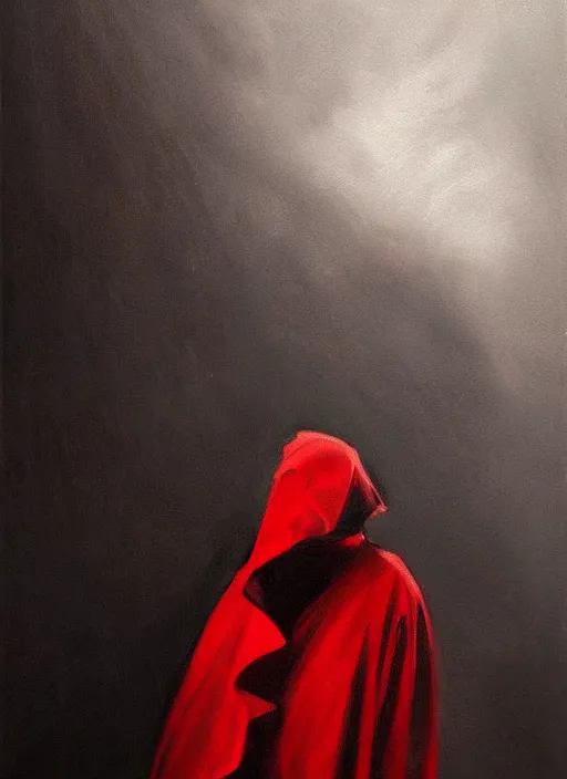 Image similar to an oil concept art painting of a dark figure wearing a red robe by noah bardley, detailed, digital art, trending on artstation, mysterious, dark atmosphere, cinematic lighting, cinematic