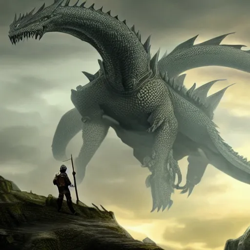 Prompt: a knight facing down a giant dragon