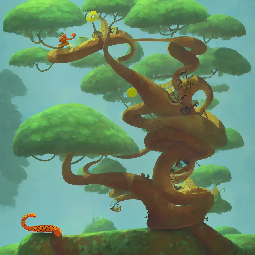 Prompt: Goro Fujita illustrating a snake with geometric figures climbing a large tree in a jungle, art by Goro Fujita, sharp focus, highly detailed, ArtStation