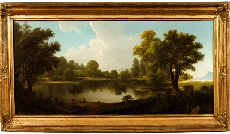 Image similar to A serene landscape with a singular building in the style of Asher Brown Durand.