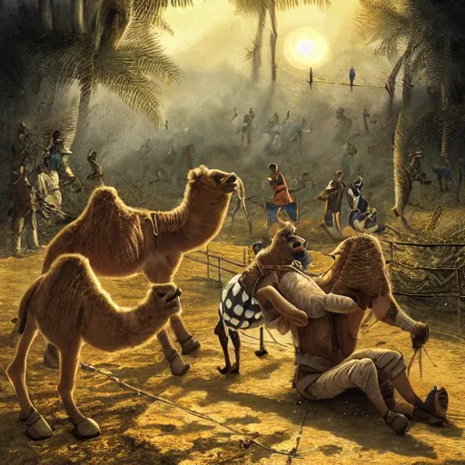 Image similar to Camels wrestling whilst pinocchio plays the accordion by james gurney, disney and Dan hillier, 8k, artstation