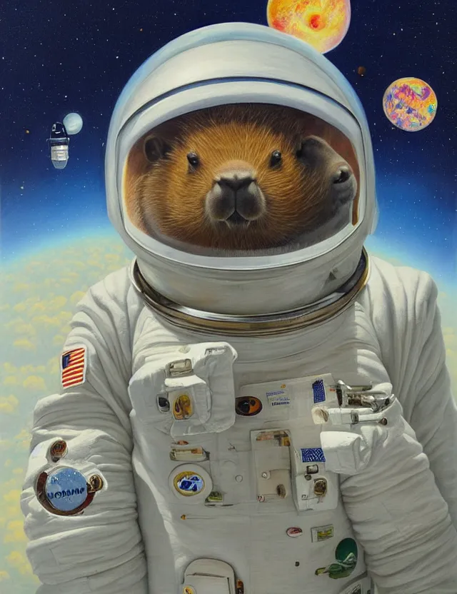 Prompt: beautiful detailed and adorable painting of a capybara astronaut in a spacesuit floating above earth by casey weldon by mark ryden by thomas blackshear, super cute, new contemporary, oil painting