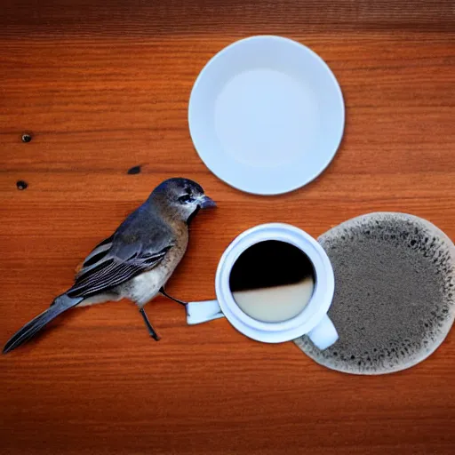 Image similar to mix between woman and bird, having a cup of coffee.