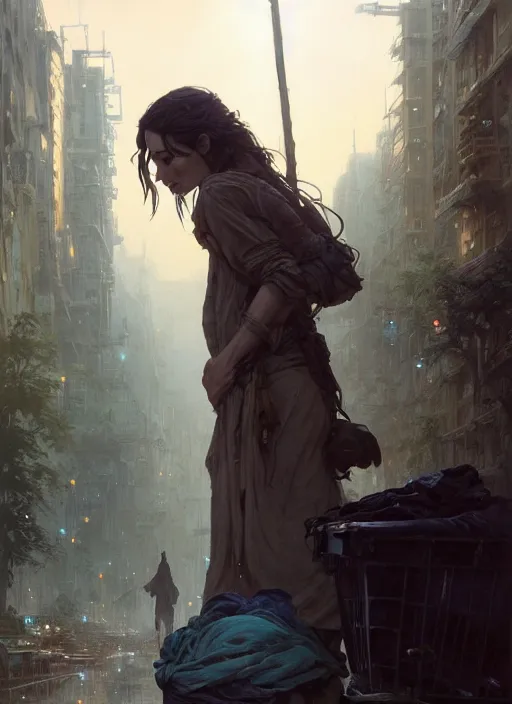 Prompt: Highly detailed portrait of homeless and beaten up Gal Gadot, Stephen Bliss, unreal engine, fantasy art by Greg Rutkowski, Loish, Rhads, ferdinand knab, Makoto Shinkai and Lois van baarle, ilya kuvshinov, rossdraws, Tom Bagshaw, alphonse mucha, global illumination, radiant light, detailed and intricate environment