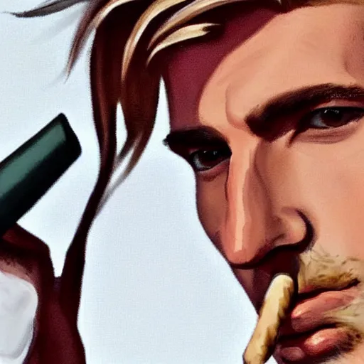 Image similar to a closeup photo of handsome gigachad xqc smoking a cigar, 8k photorealism, extremly detailed, trending on artstation