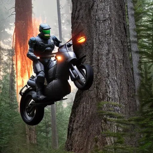 Image similar to master chief riding a tree in the middle of a forest while thr forest is burning down