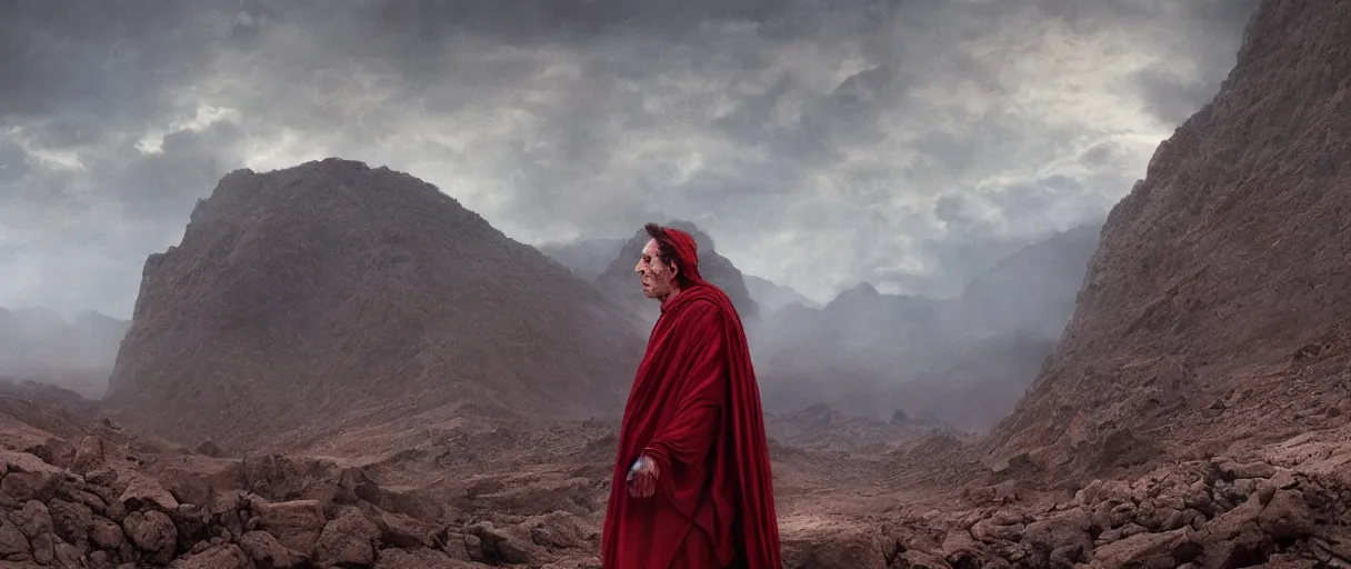 Image similar to the end is near. a tired and exhausted julius caesar somewhere in the atlas mountains. face is highly detailed. splices of red are running down his toga. mist. the soil is red. strong winds. dramatic sky. low angle wide shot. atmospheric. global illumination. octane render. imagined by jeremy lipking, greg rutkowski and eddie mendoza.