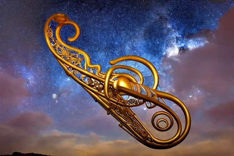 Image similar to intricate filigreed tuba cloud sculpture, art nouveau environment, surreal, milky way, award winning art, epic dreamlike fantasy landscape, ultra realistic,