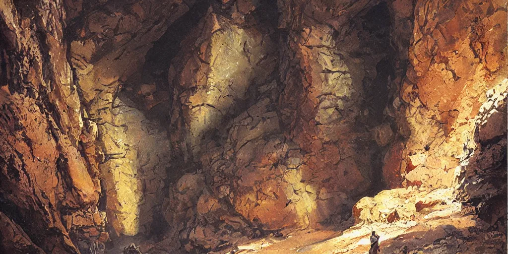 Prompt: painting of majestic rocky wall in a dark cave with rocky ground, art by james gurney and greg rutkowski, vivid colors