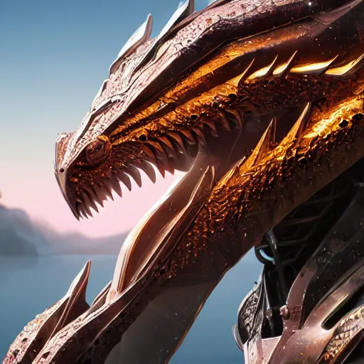 Prompt: a highly detailed close up of a beautiful majestic anthropomorphic robot female dragon, with smooth and streamlined mechanical armor, standing and posing elegantly on a beach, well detailed head with eyes and a maw, with sharp claws on her hands and feet, two arms, two legs, long tail, artstation, DeviantArt, professional, octane render, sunset lighting