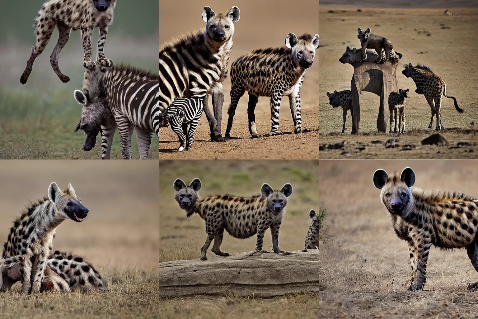 Prompt: An award winning photograph of a hyena standing on top of a zebra, zebra with a hyena standing on it, correct hyena, correct zebra