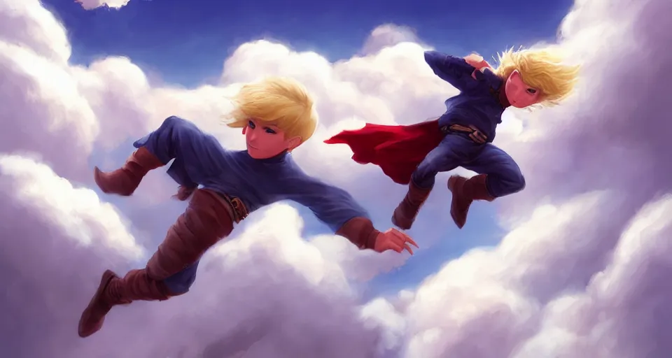 Image similar to a young blonde boy fantasy thief flying through the clouds, andreas rocha style