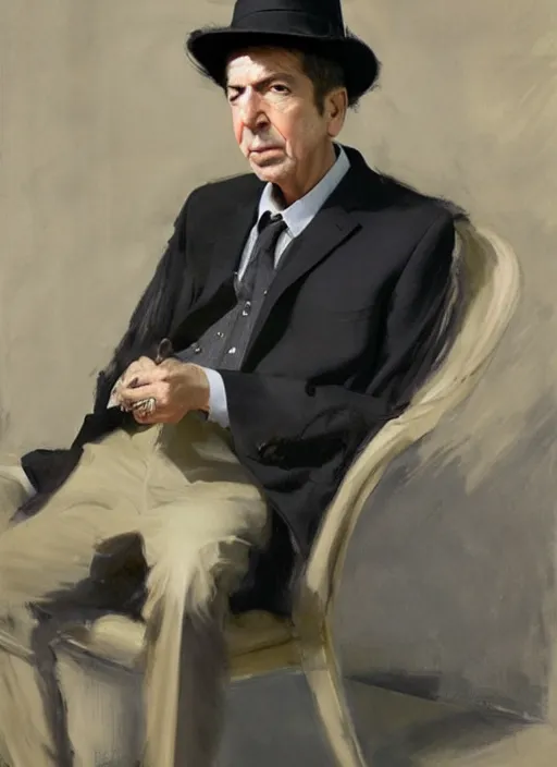 Image similar to Leonard Cohen, wearing a trilby hat, portrait by John Singer Sargent, by Frank McCarthy, by Robert McGinnis