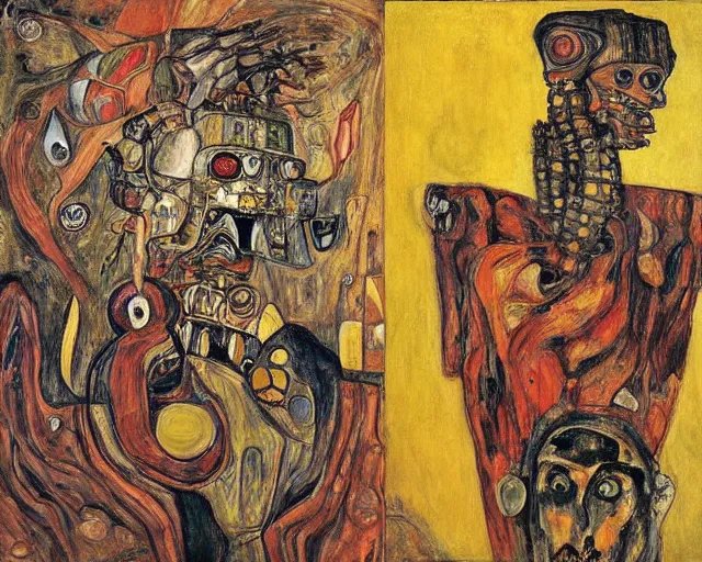 Prompt: a painting of a monsters and robots by graham sutherland, egon schiele, gustav klimt, neo - expressionism