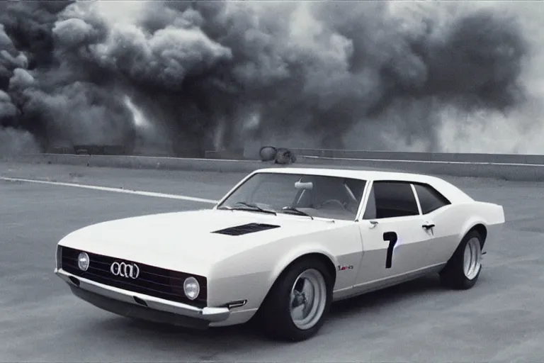 Prompt: audi camaro b 1 ( 1 9 6 9 ) drifting, phonk music background, smoke behind wheels, noise, dark, establishing shot, crow swarm