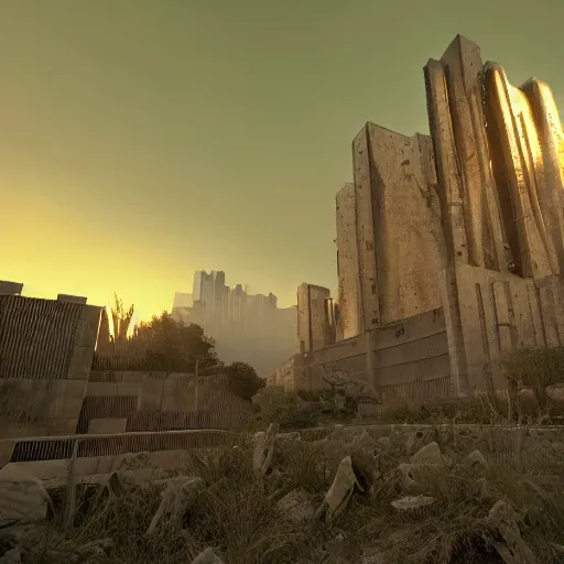 Image similar to a Doom level, from the 1993 PC game Doom: Knee Deep in the Dead, brutalist architecture, stunning volumetric light, sunset, metal, concrete and translucent material, stunning skies, majestic landscape, trending on Artstation, 8k, photorealistic, hyper detailed, unreal engine 5, IMAX quality, cinematic, epic lighting, in the style of Greg Rutkowski