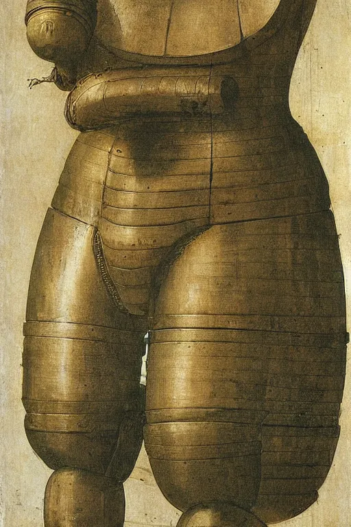 Prompt: a Large robust broad bodied woman wearing a heavy mechanical armor | Leonardo Da Vinci |