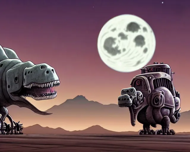 Prompt: a cell shaded cartoon giant grey lovecraftian mechanized t - rex from howl's moving castle ( 2 0 0 4 ), with a big head, on a desert road, wide shot, in front of a big moon, muted colors, post grunge, josan gonzales, wlop, by james jean, victor ngai, hq, deviantart, art by artgem