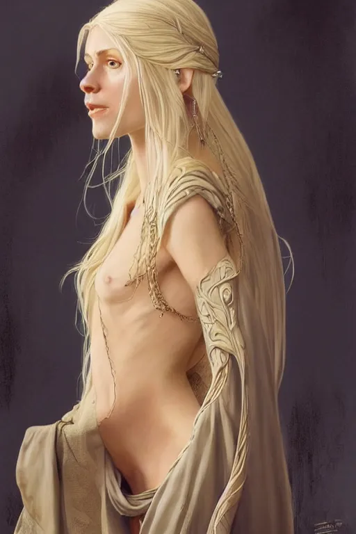 Image similar to portrait of an old blonde elven mage, dark, piercing eyes, gentle expression, elegant clothing, photorealistic, highly detailed, artstation, smooth, sharp focus, art by michael whelan, artgerm, greg rutkowski and alphonse mucha