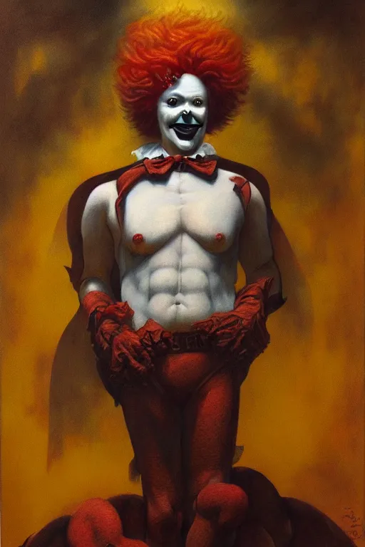 Image similar to portrait of ronald mcdonald in the style of wayne barlowe, gustav moreau, goward, bussiere, roberto ferri, santiago caruso, luis ricardo falero, austin osman spare