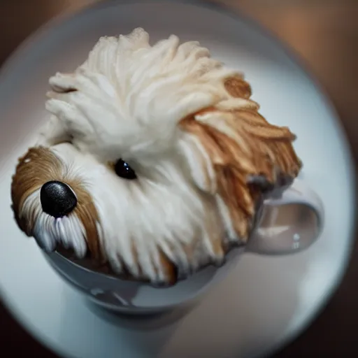 Image similar to a closeup photorealistic photograph of barista drawing bichon frise shaped latte art in a cup. professional capture, well lit shot. this 4 k hd image is trending on artstation, featured on behance, well - rendered, extra crisp, features intricate detail, epic composition and the style of unreal engine.