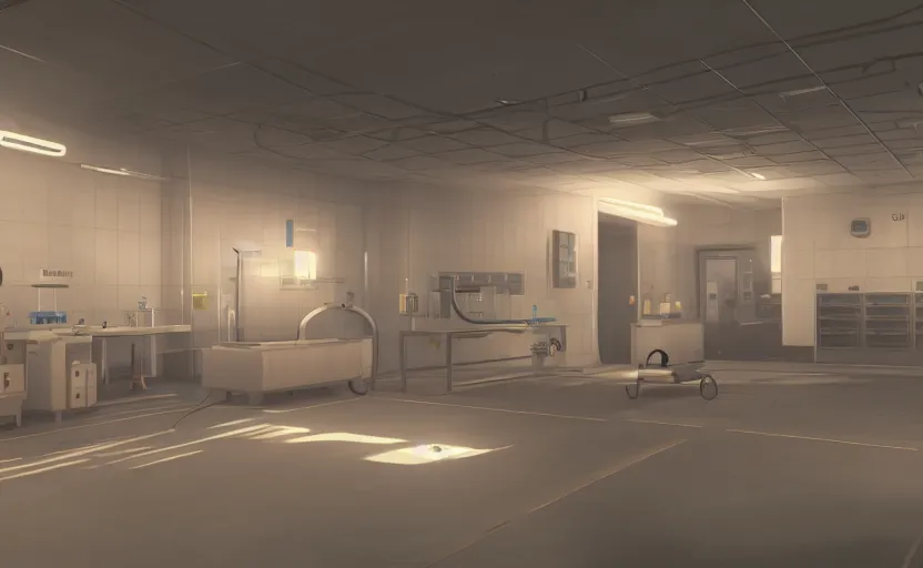 Image similar to screenshot of a game on unreal engine 5, narrow modern laboratory halls, photorealistic, liminal, retrofuturism, minimalism, soft vintage glow