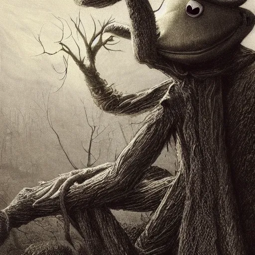 Image similar to highly detailed portrait of kermit the frog ((kermit the frog)) near a giant fallen sequoia tree. Fog. Painting by Caspar David Friedrich,Caravaggio, 4k, sepia tone