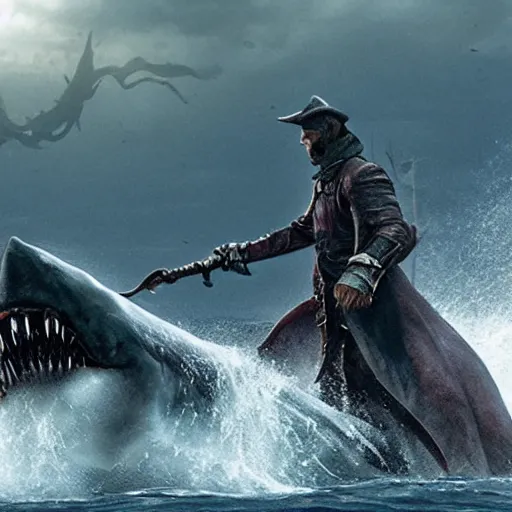 Prompt: Glossy promotional image for the new film 'Jaws vs. Bloodborne'