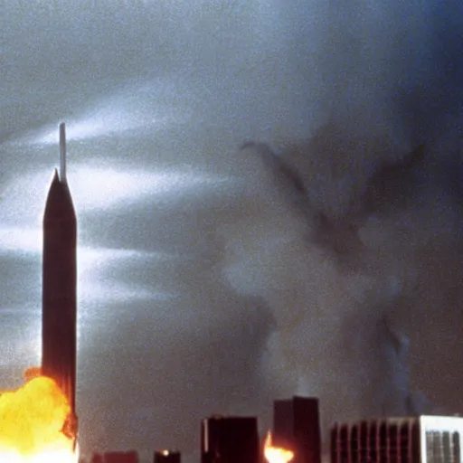 Prompt: nuclear missile destroy the world trace center towers, in american psycho ( 1 9 9 9 )
