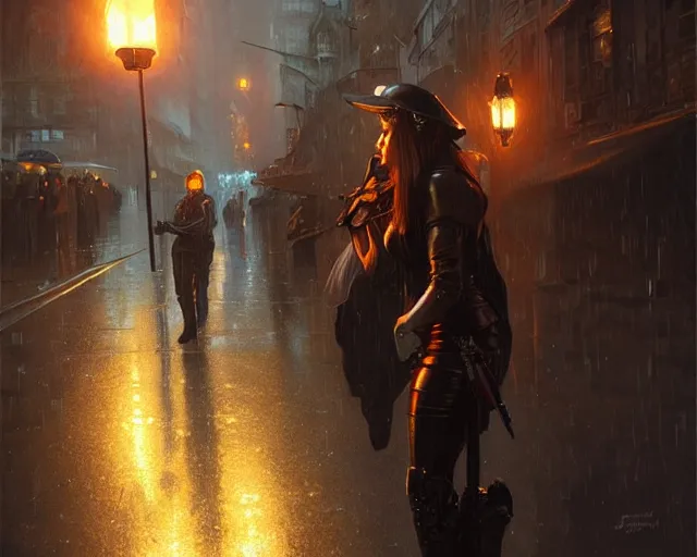 Prompt: police, night life, torch, heavy rain, drama, deep focus, d & d, fantasy, intricate, elegant, highly detailed, digital painting, artstation, concept art, matte, sharp focus, illustration, hearthstone, art by artgerm and greg rutkowski and alphonse mucha