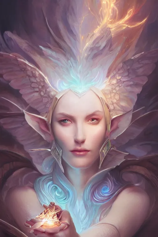 Prompt: portrait of a beautiful elf casting magic spell holding diamonds, angel, fantasy, dramatic lighting, highly detailed, digital painting, holding electricity, magic the gathering, hyper detailed, 3 d render, hyper realistic detailed portrait, peter mohrbacher, wlop, ruan jia