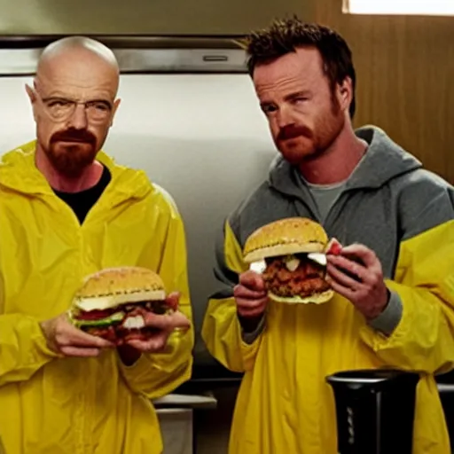 Image similar to walter white and jesse pinkman eating hamburger