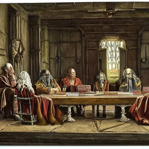 Image similar to a council of elders deliberating, fantasy art, robed, historical, highly realistic, highly detailed