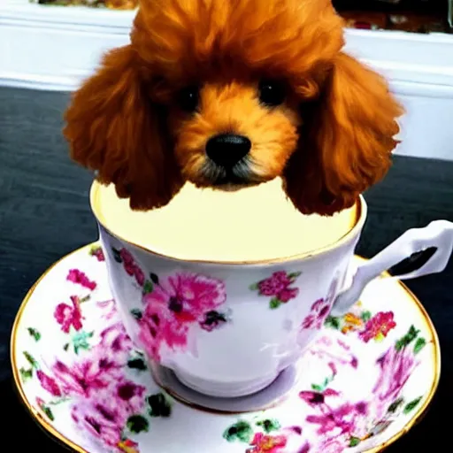 Image similar to very realistic cute poodle sitting inside a tea cup