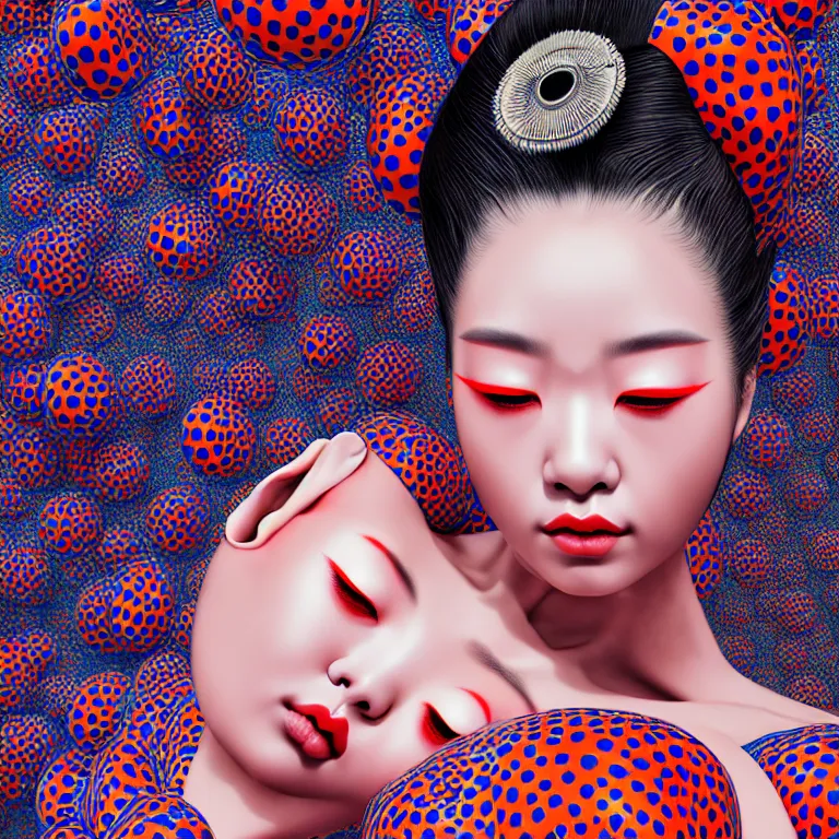 Image similar to hyperrealistic detailed image of a geisha laying in a art installation room, hd smooth interior by yayoi kusama, part by kei mieno, part by ross tran, dark art by james jean, ultra realistic, highly detailed, life like face, detailed body, 8 k, 3 d render by roger magrini, very cohesive, masterpiece