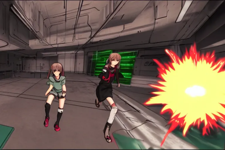 Image similar to an anime girl in a screenshot of the video game doom, the anime girl is running