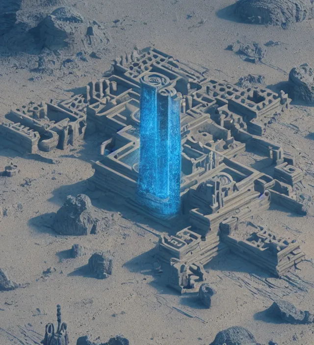 Image similar to an anthropomorphic beautiful giant futuristic lost temple made of dust in a desert, blue crazy river, fine art, award winning, intricate, elegant, sharp focus, octane render, hyperrealistic, cinematic lighting, highly detailed, digital painting, 8 k concept art, art by jamie hewlett and z. w. gu, masterpiece, trending on artstation, 8 k