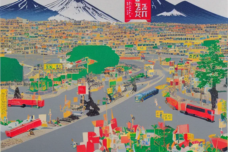 Prompt: award winning graphic design poster, cutout clips of a variety of postcards, National Geographic photographs, manga and newspaper cutouts a variety of japan travel images, not a photomosaic, natural landscape beauty, japan harvest, crafts, architecture and more, constructing an contemporary art assemblage of mount fuji and bullet train, isolated on white, photocollage painting by David Hockney