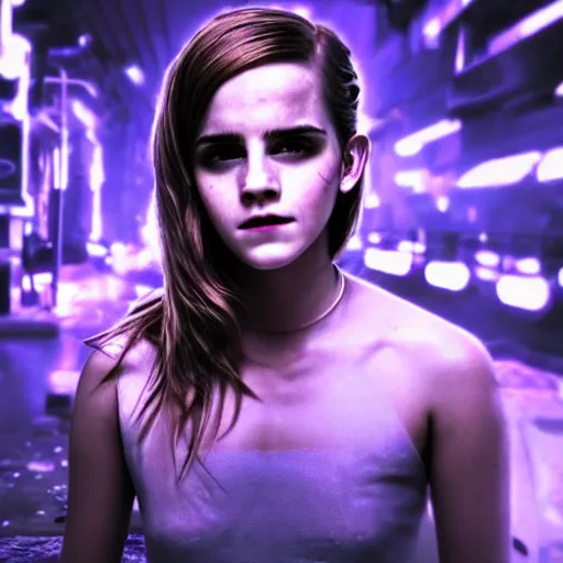Prompt: photo of emma watson as a cyborg in a cyberpunk city, neon lights, bloom, bokeh, depth of field, robotic limbs, mid full shot, 8k, highly detailed skin, highly detailed face