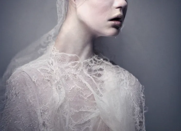 Image similar to nails sticking out of a stupid head, in style of paolo roversi, britt marling style 3 / 4, a beautiful ethereal lace white robe, 8 k, soft focus, soft light, volumetric lighting, highly detailed realistic, refined, highly detailed, natural outdoor soft pastel lighting colors scheme