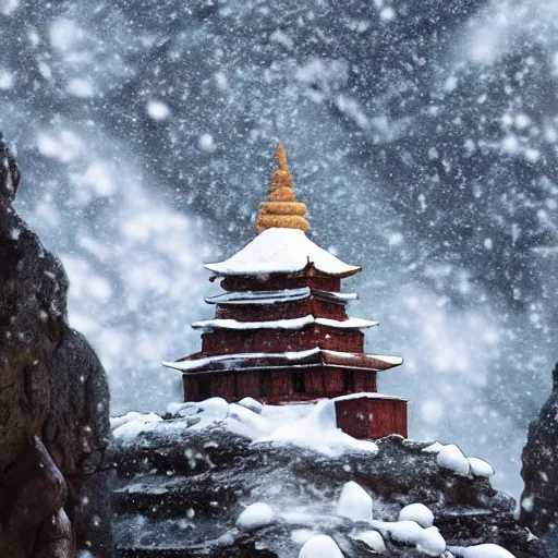 Image similar to snowy peaks, himalayas, buddhist temple, stunning, extraordinary, blizzard, mystical, made in abyss style