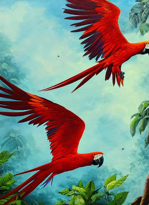 Image similar to a beautiful painting of two macaws flying over the amazon jungle, matte painting, fantasy art, ayahuasca, highly detailed