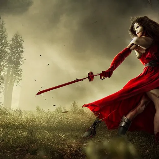 Image similar to red riding hood female warrior fending off a werewolf, highly detailed, dramatic lighting, cinematic, 4k