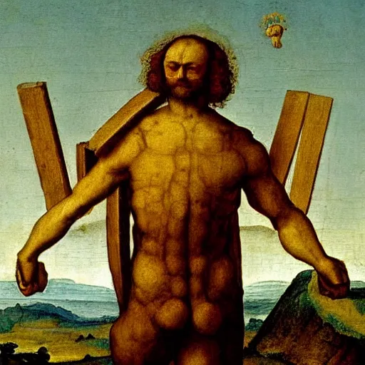 Image similar to a painting of atlas carrying the earth on its shoulders by Leonardo da vinci