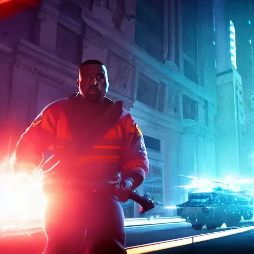 Prompt: kanye west in ghostbusters game, splash art, movie still, cinematic lighting, dramatic, octane render, long lens, shallow depth of field, bokeh, anamorphic lens flare, 8 k, hyper detailed, 3 5 mm film grain