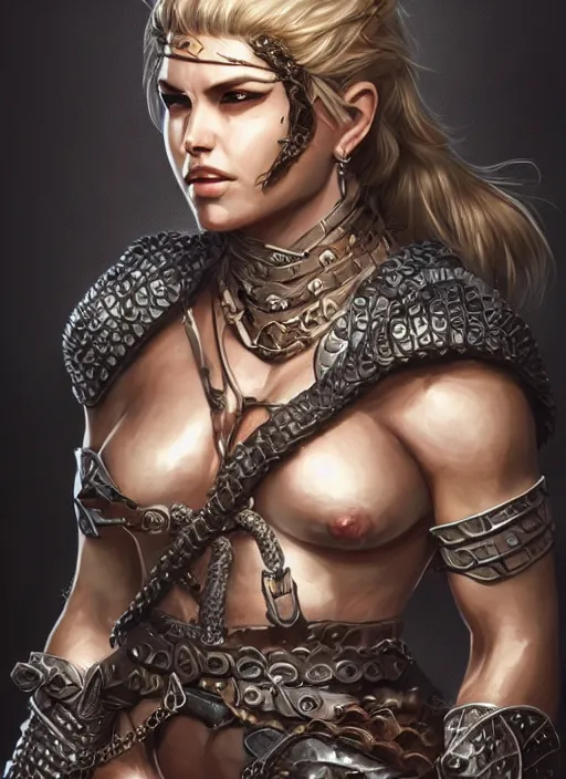 Prompt: portrait of a barbarian woman, muscular, upper body, chainmail armor, D&D, fantasy, intricate, elegant, highly detailed, digital painting, artstation, concept art, smooth, sharp focus, illustration, art by artgerm