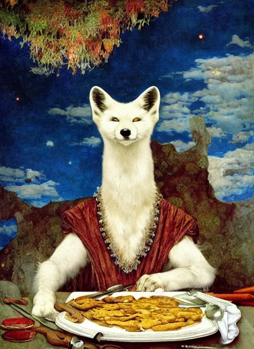 Prompt: a portrait of a male white fox with human blue eyes wearing aristocratic male clothes, cheese and salami on the table, titian, sam spratt, maxfield parrish, gustav klimt, tom bagshaw, mark ryden, alphonse mucha, rembrandt, high quality, painting, oil