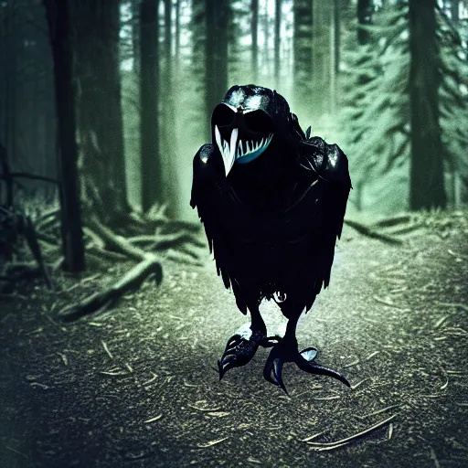 Image similar to werecreature consisting of a human and crow, photograph captured in a forest