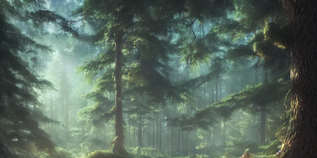 Prompt: a forest, highly detailed oil painting, hyperrealism, cinematic lighting, Studio Ghibli, Jessica Rossier, digital art, octane render, beautiful composition, trending on artstation, masterpiece