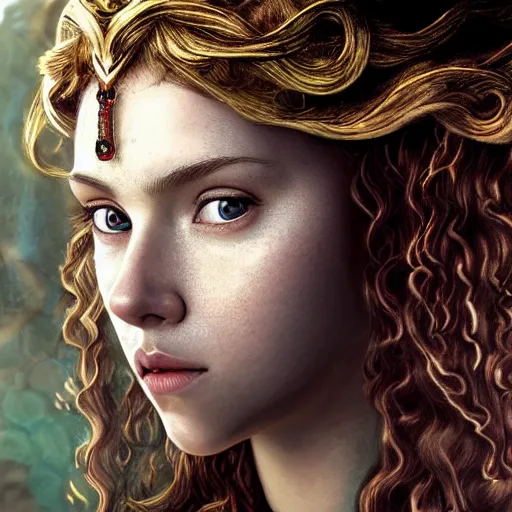 Prompt: head and shoulders portrait of a female knight, young scarlett johansson, golden etched armor, lord of the rings, celtic hair braid, eldritch ruby amulet, sylvan glade, by artgerm, alphonse mucha, face detail, sharp focus, high key lighting, vogue fashion photo